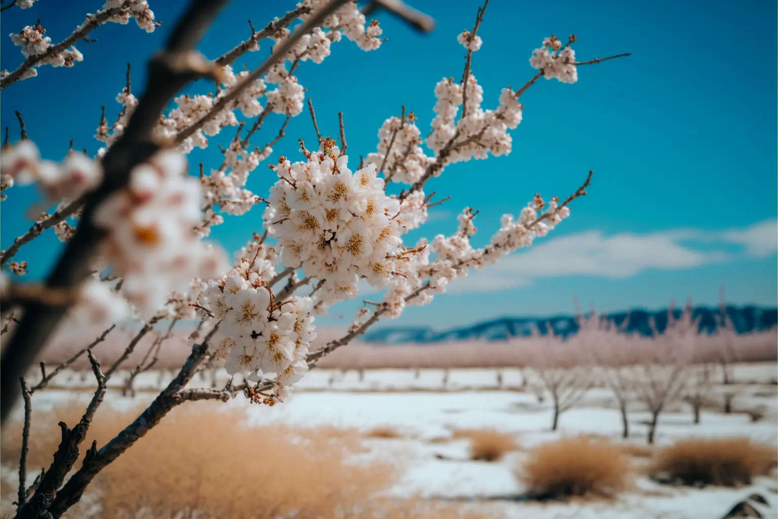 Cherry Blossoms in Hokkaido in the wintertime, Canon RF 16mm f:2.8 STM Lens, hyperrealistic photography, style of unsplash and National Geographic